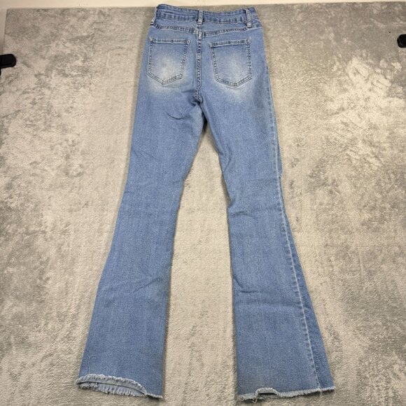 Y2K Light Wash Flare Denim Jeans Womens Mid-Rise Distressed Grunge Preppy Frayed - Picture 6 of 9